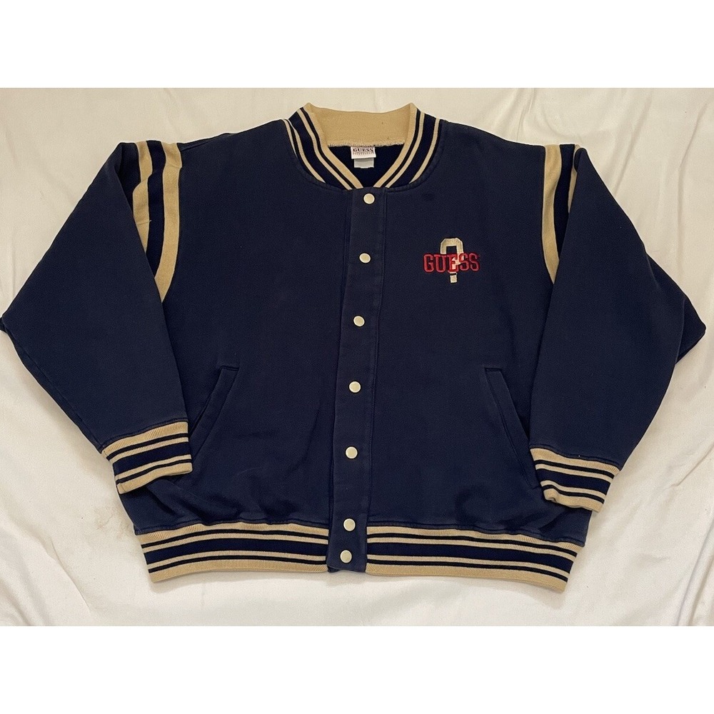 Vintage Guess Mens‎ Varsity Style Sweater Jacket Snap Blue And Tan Embroidered